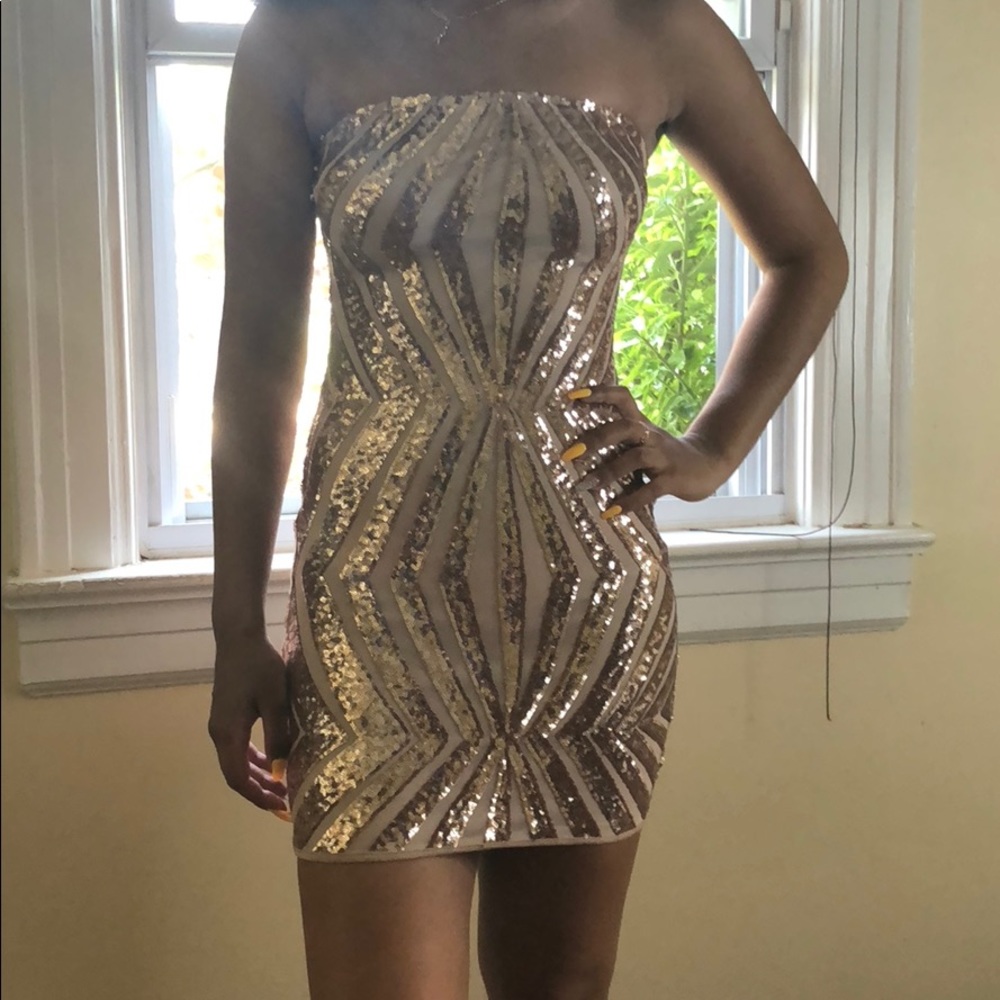 Fashion nova pink silver strapless dress